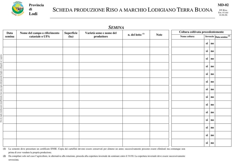 al registro (1) La semente deve presentare un certificato ENSE.