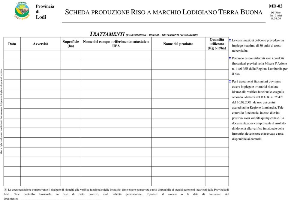 Ove le righe risultassero insufficienti, fare una copia del presente foglio e allegarlo al registro Potranno essere utilizzati solo i prodotti fitosanitari previsti nella Misura F Azione n.