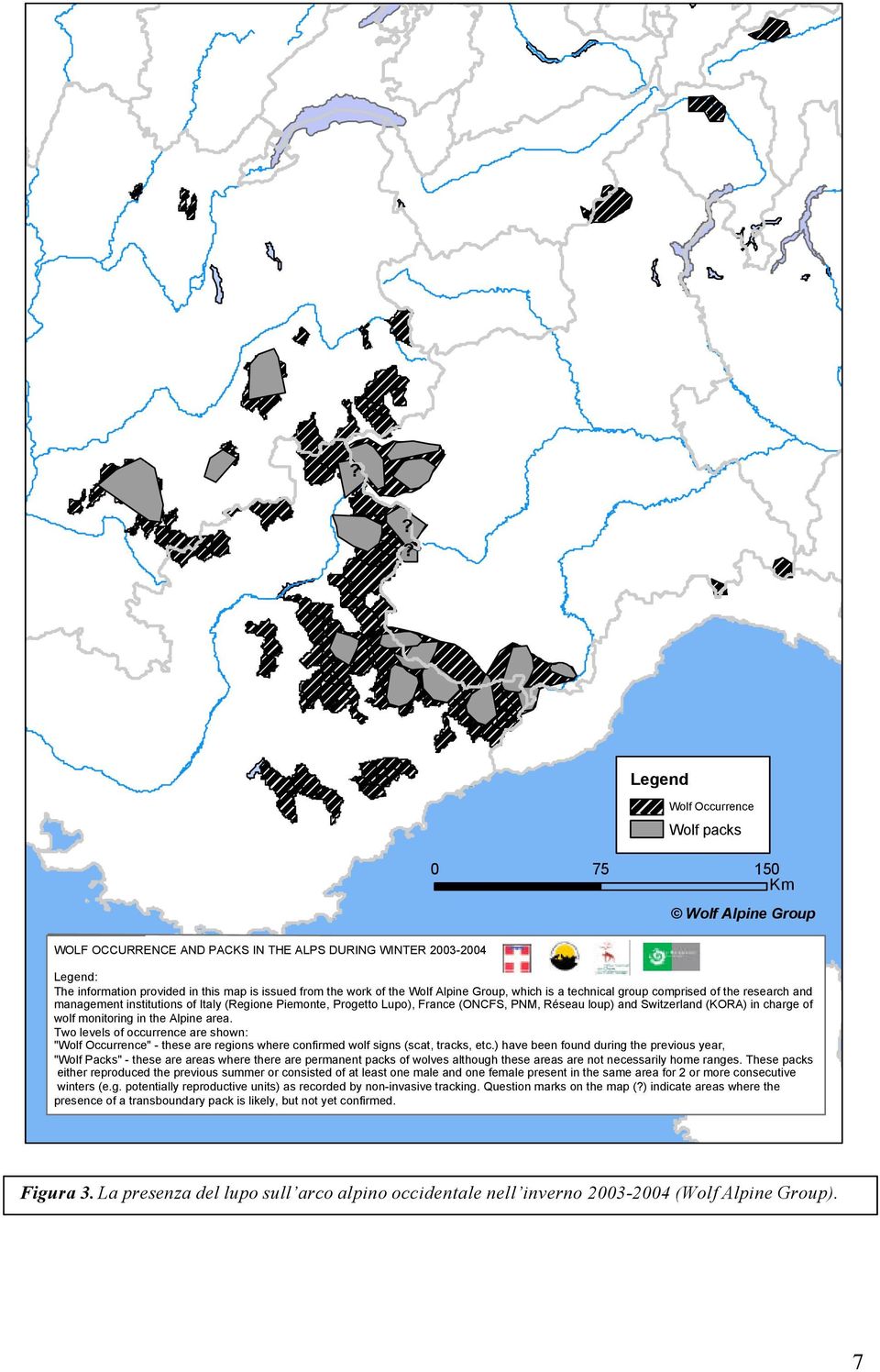 Switzerland (KORA) in charge of wolf monitoring in the Alpine area. Two levels of occurrence are shown: "Wolf Occurrence" - these are regions where confirmed wolf signs (scat, tracks, etc.