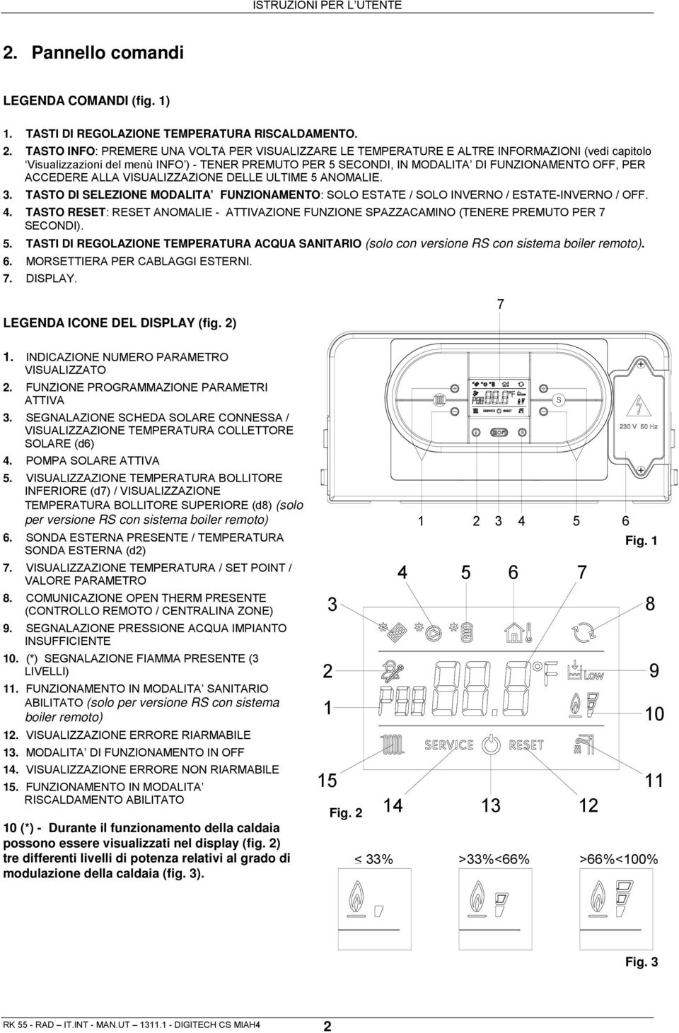 ACCEDERE ALLA VISUALIZZAZIONE DELLE ULTIME 5 ANOMALIE. 3. TASTO DI SELEZIONE MODALITA FUNZIONAMENTO: SOLO ESTATE / SOLO INVERNO / ESTATE-INVERNO / OFF. 4.