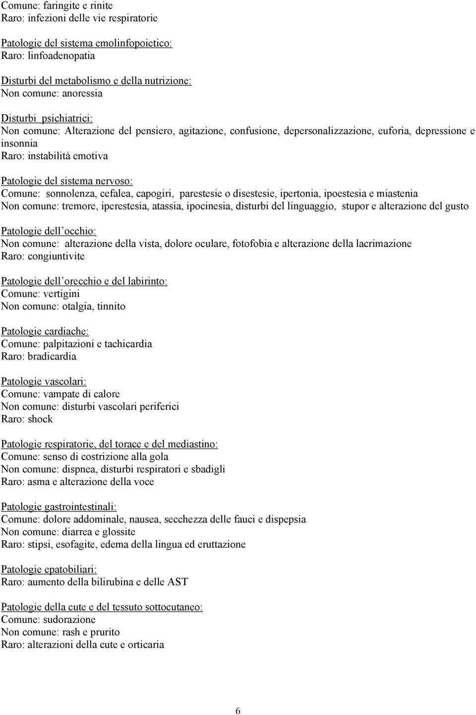 Comune: sonnolenza, cefalea, capogiri, parestesie o disestesie, ipertonia, ipoestesia e miastenia Non comune: tremore, iperestesia, atassia, ipocinesia, disturbi del linguaggio, stupor e alterazione