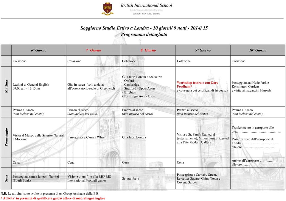 1 ingresso incluso) Workshop teatrale con Gary Fordham* e consegna dei certificati di frequenza Passeggiata ad Hyde Park e Kensington Gardens e visita ai magazzini Harrods Pomeriggio Visita al Museo