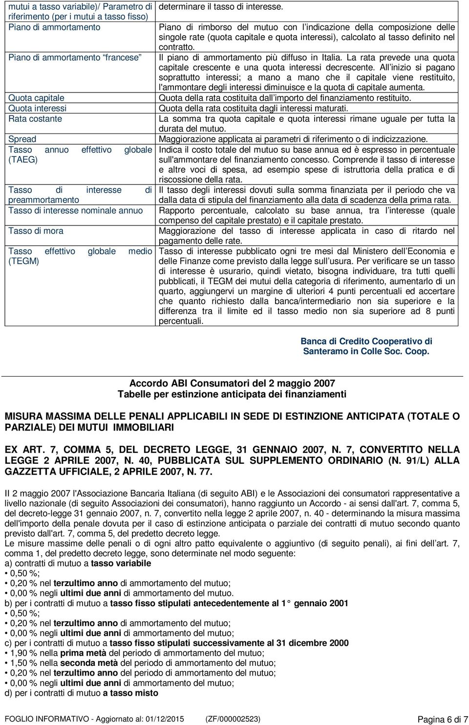 Piano di rimborso del mutuo con l indicazione della composizione delle singole rate (quota capitale e quota interessi), calcolato al tasso definito nel contratto.