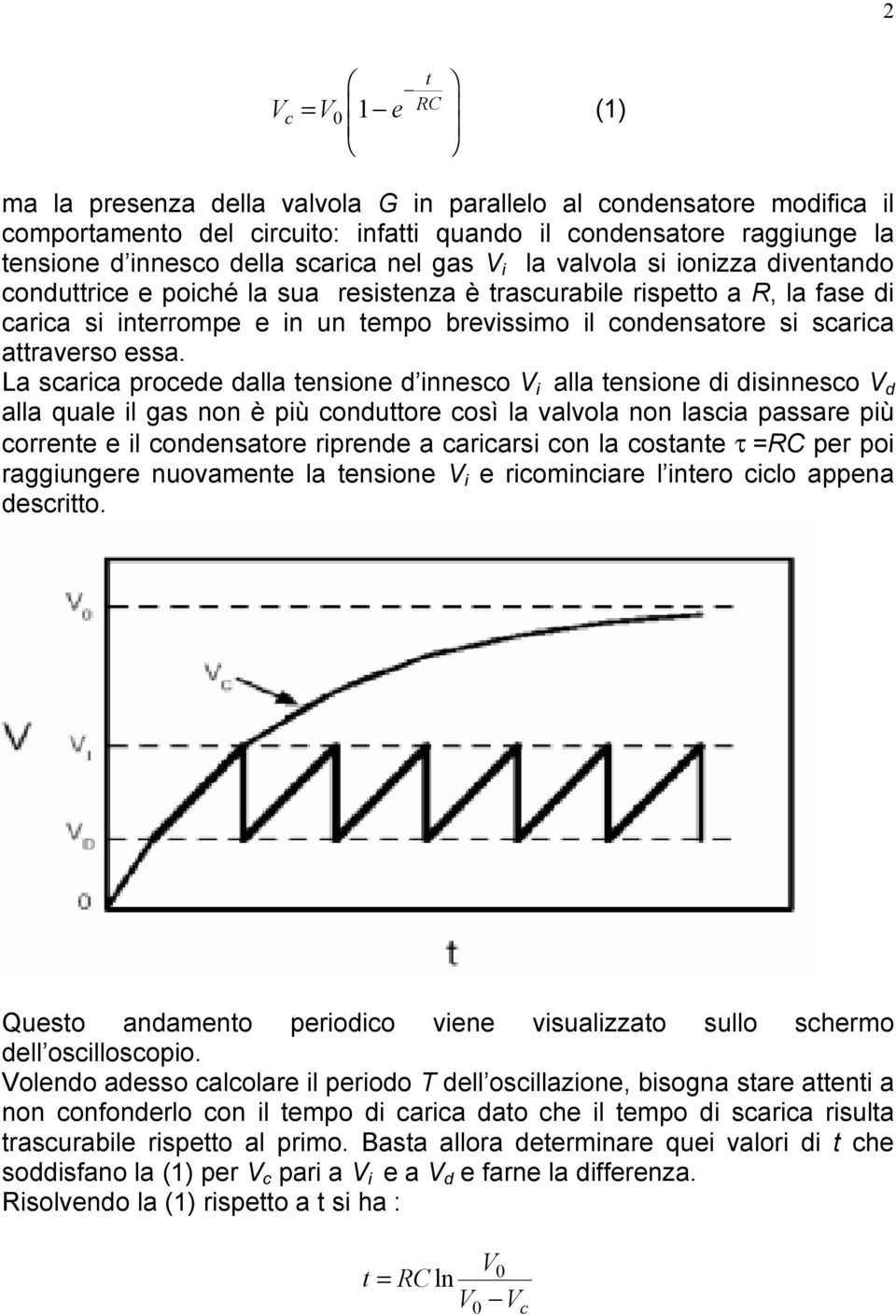 La scarca procee alla tensone nnesco V alla tensone snnesco V alla quale l gas non è pù conuttore così la valvola non lasca passare pù corrente e l conensatore rprene a carcars con la costante τ =RC