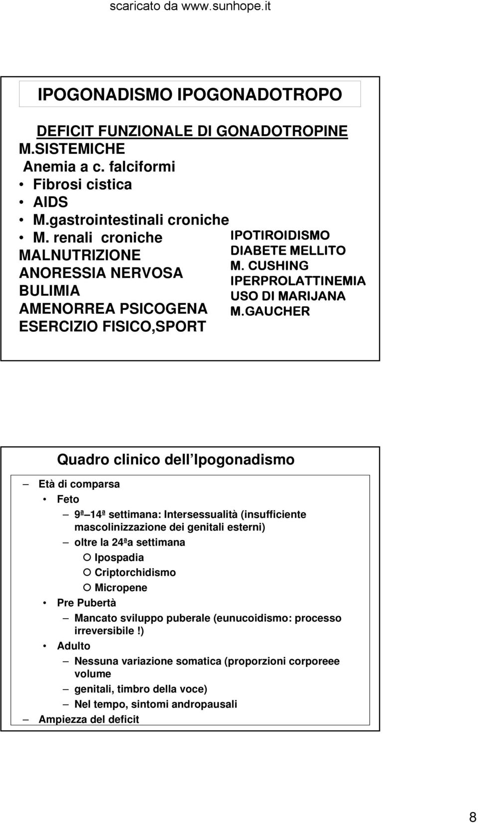 GAUCHER Quadro clinico dell Ipogonadismo Età di comparsa Feto 9ª 14ª settimana: Intersessualità (insufficiente mascolinizzazione dei genitali esterni) oltre la 24ªa settimana Ipospadia