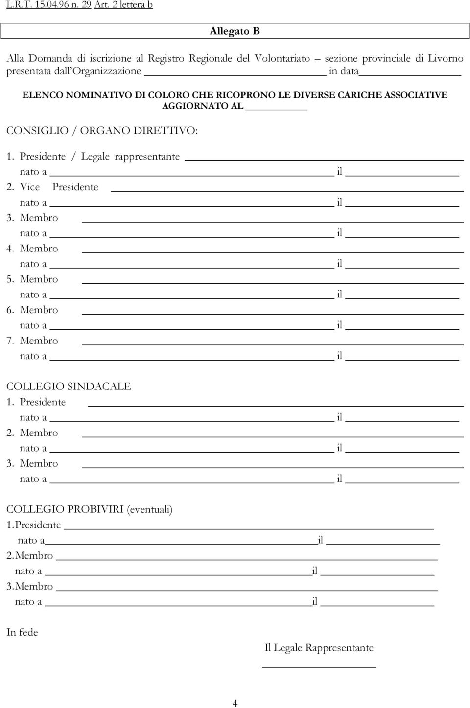 Organizzazione in data ELENCO NOMINATIVO DI COLORO CHE RICOPRONO LE DIVERSE CARICHE ASSOCIATIVE AGGIORNATO AL CONSIGLIO / ORGANO DIRETTIVO: