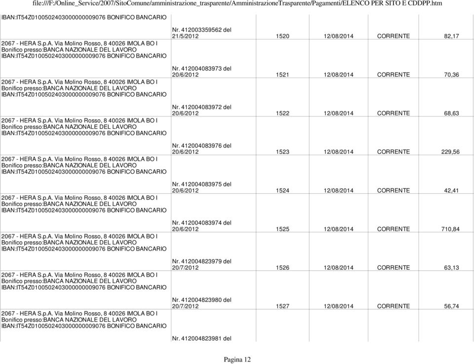 412004083975 del 20/6/2012 1524 12/08/2014 CORRENTE 42,41 Nr. 412004083974 del 20/6/2012 1525 12/08/2014 CORRENTE 710,84 Nr.