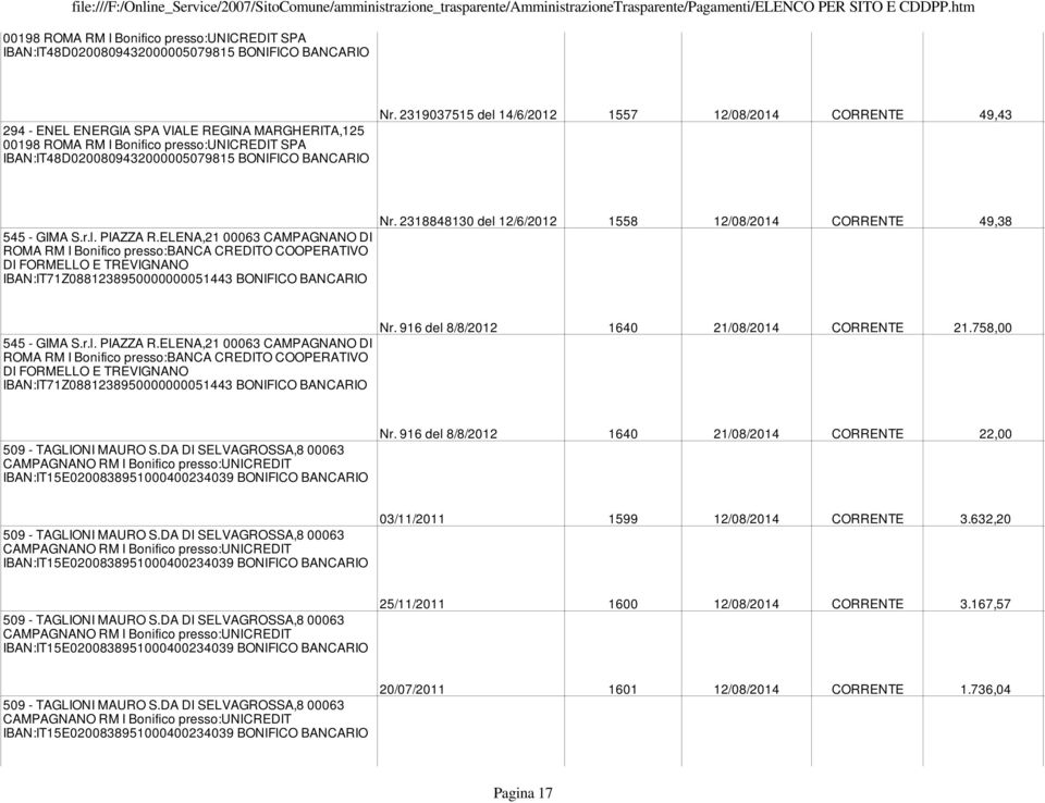 2318848130 del 12/6/2012 1558 12/08/2014 CORRENTE 49,38 545 - GIMA S.r.l. PIAZZA R. 916 del 8/8/2012 1640 21/08/2014 CORRENTE 21.758,00 Nr.