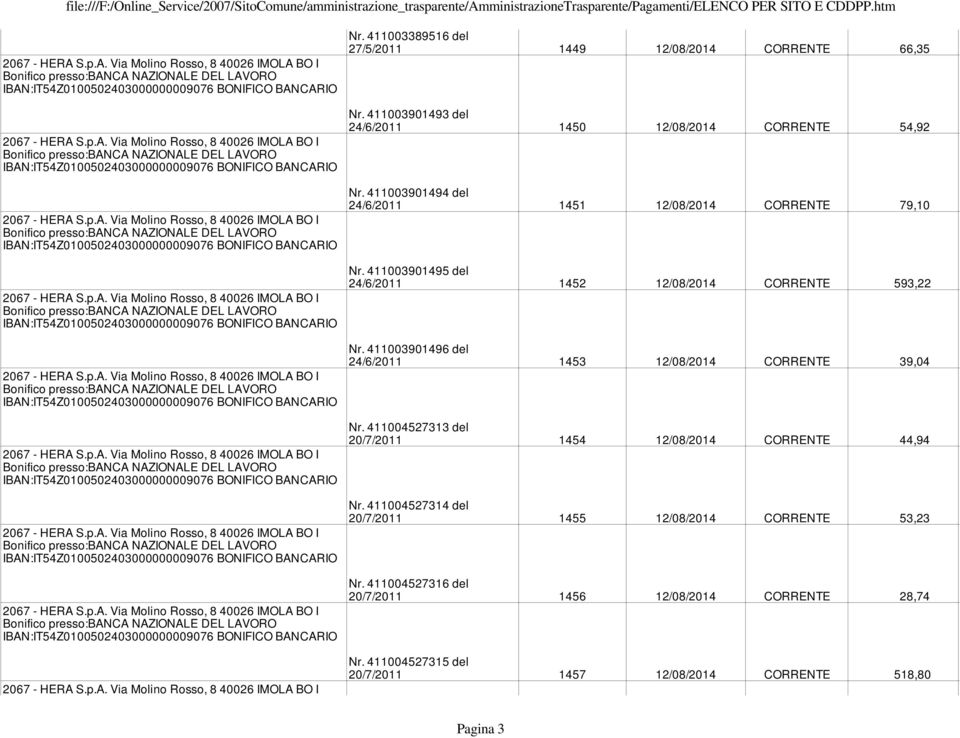 411003901496 del 24/6/2011 1453 12/08/2014 CORRENTE 39,04 Nr. 411004527313 del 20/7/2011 1454 12/08/2014 CORRENTE 44,94 Nr.