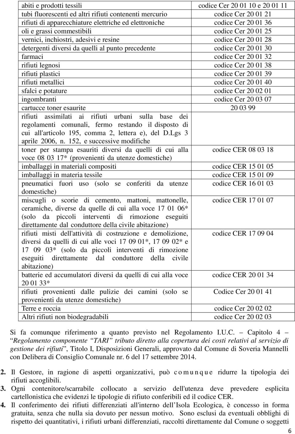 20 01 32 rifiuti legnosi codice Cer 20 01 38 rifiuti plastici codice Cer 20 01 39 rifiuti metallici codice Cer 20 01 40 sfalci e potature codice Cer 20 02 01 ingombranti codice Cer 20 03 07 cartucce