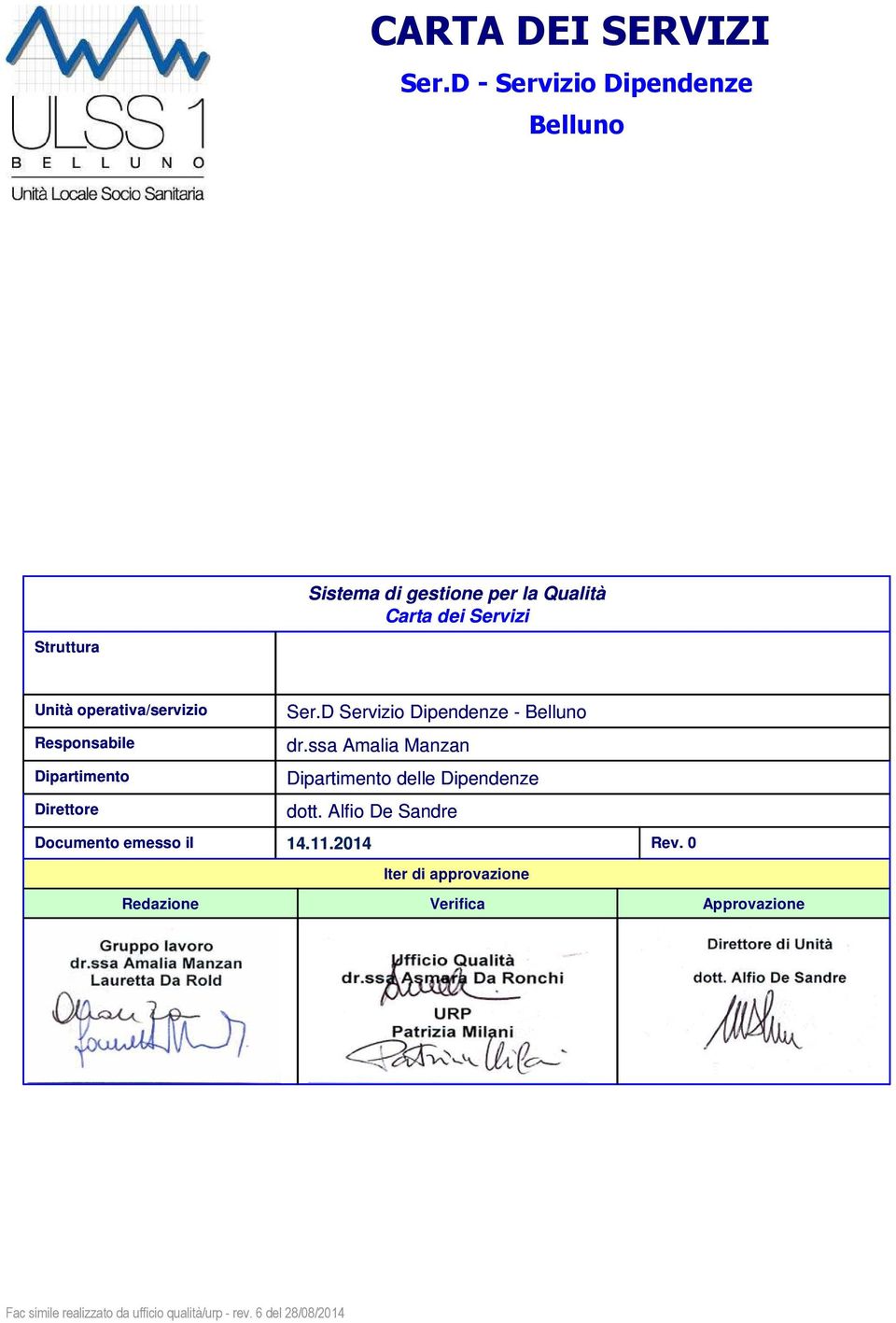 Direttore Documento emesso il Redazione Gruppo lavoro dr.ssa Amalia Manzan Lauretta Da Rold Ser.D Servizio Dipendenze - Belluno dr.