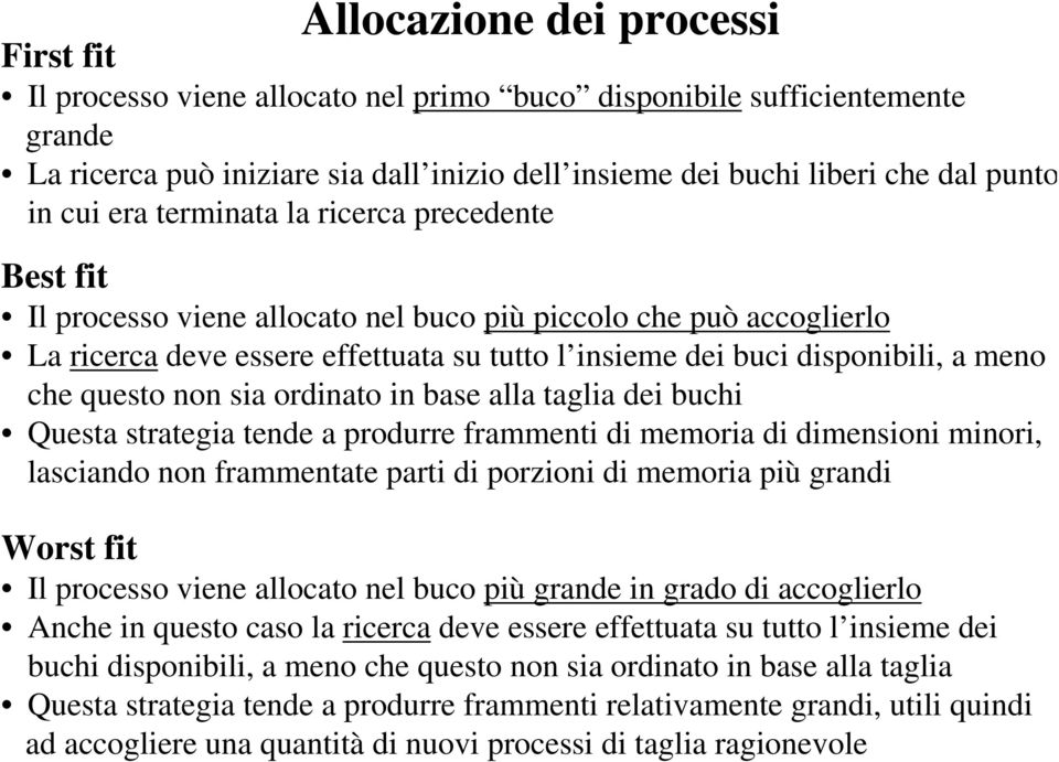 che questo non sia ordinato in base alla taglia dei buchi Questa strategia tende a produrre frammenti di memoria di dimensioni minori, lasciando non frammentate parti di porzioni di memoria più