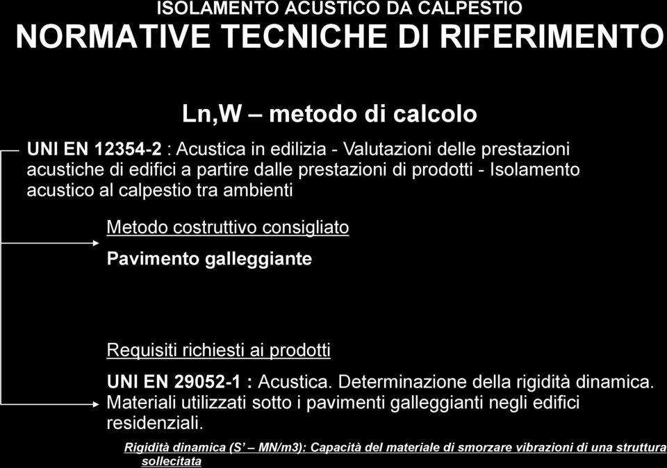 Pavimento galleggiante Requisiti richiesti ai prodotti UNI EN 29052-1 : Acustica. Determinazione della rigidità dinamica.