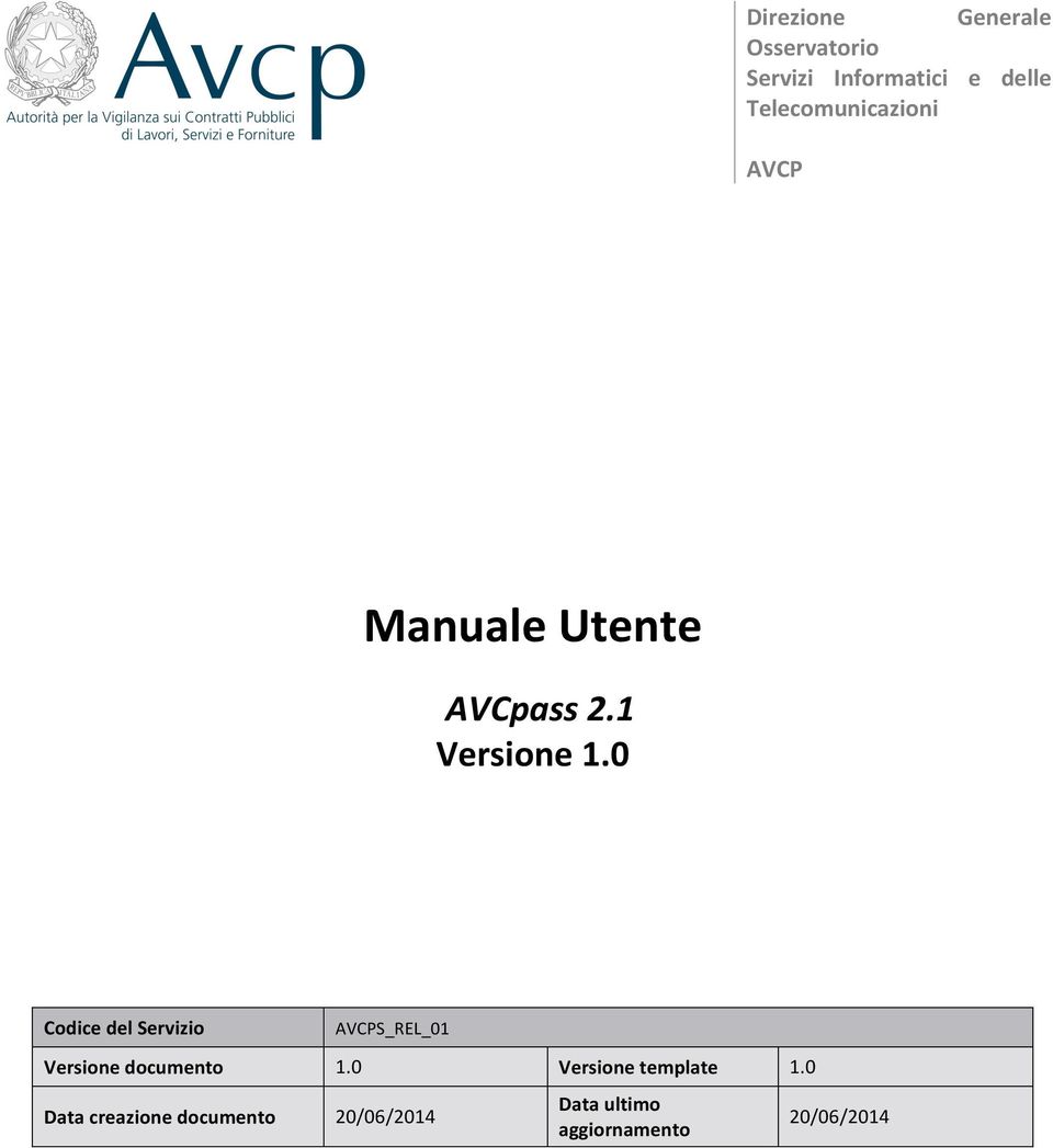 1 Versione Codice del Servizio AVCPS_REL_01 Versione documento