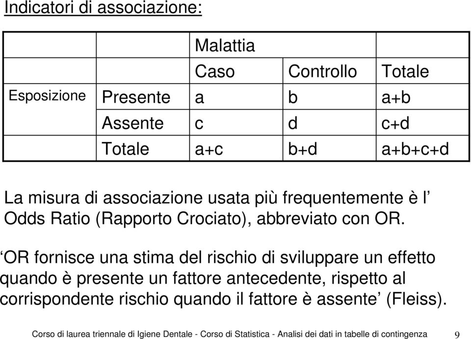 OR fornisce una stima del rischio di sviluppare un effetto quando è presente un fattore antecedente, rispetto al