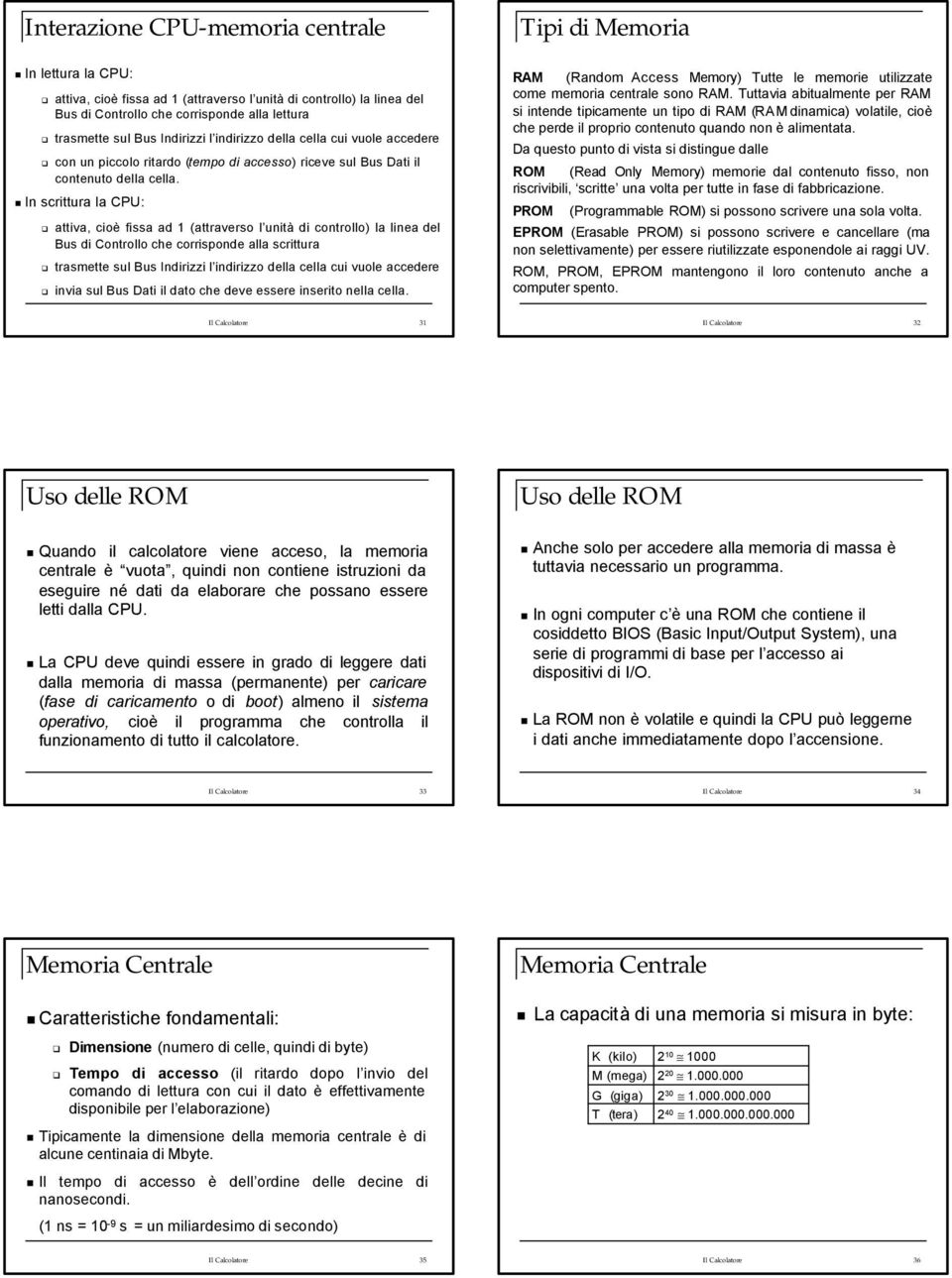 In scrittura la : attiva, cioè fissa ad 1 (attraverso l unità di controllo) la linea del Bus di Controllo che corrisponde alla scrittura trasmette sul Bus Indirizzi l indirizzo della cella cui vuole