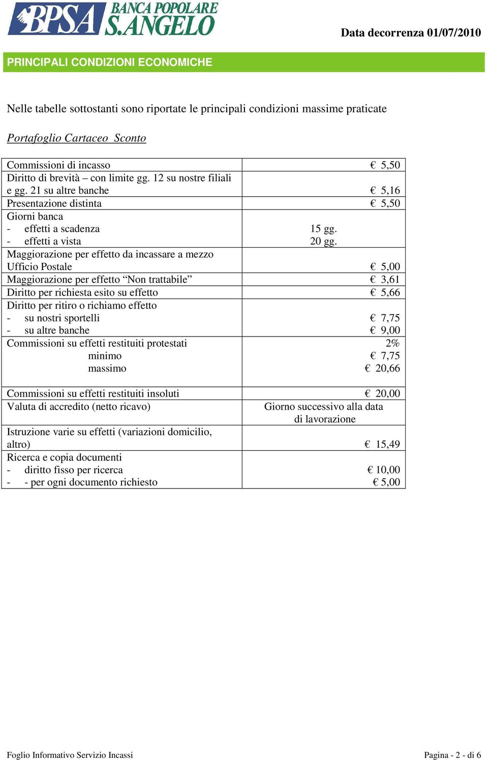 Maggiorazione per effetto da incassare a mezzo Ufficio Postale Maggiorazione per effetto Non trattabile 3,61 Diritto per richiesta esito su effetto 5,66 Diritto per ritiro o richiamo effetto - su