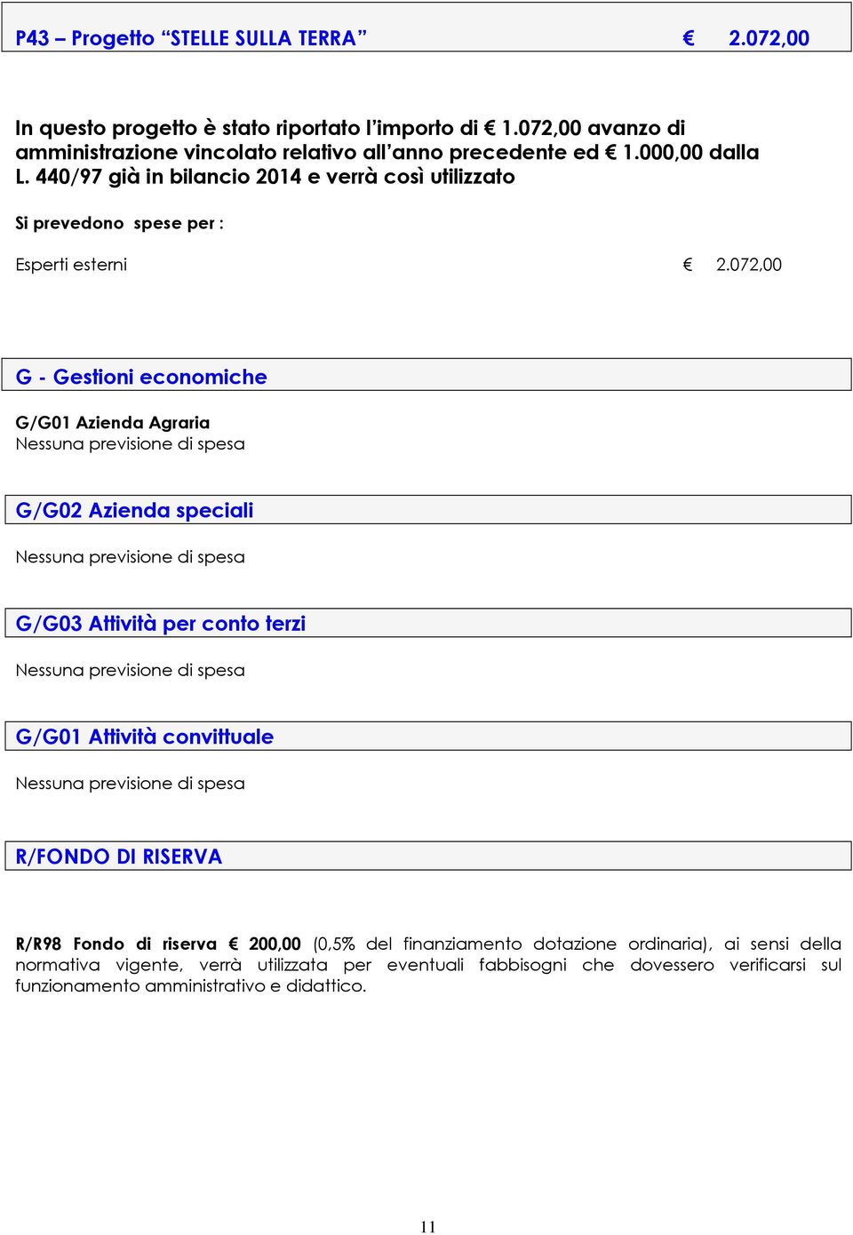 072,00 G - Gestioni economiche G/G01 Azienda Agraria Nessuna previsione di spesa G/G02 Azienda speciali Nessuna previsione di spesa G/G03 Attività per conto terzi Nessuna previsione di spesa