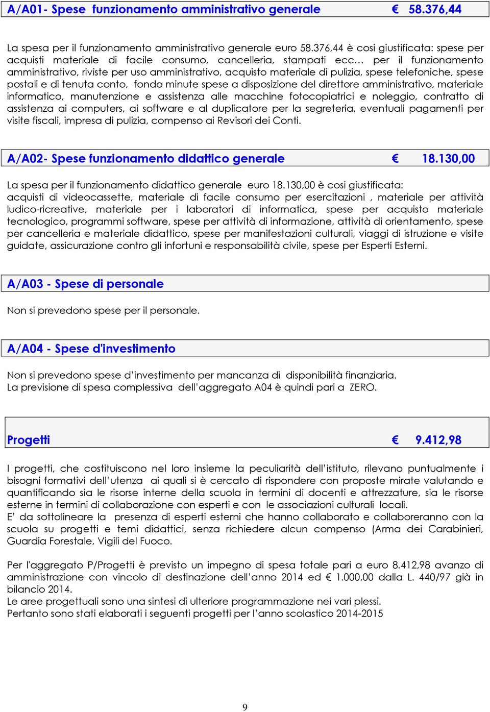 pulizia, spese telefoniche, spese postali e di tenuta conto, fondo minute spese a disposizione del direttore amministrativo, materiale informatico, manutenzione e assistenza alle macchine