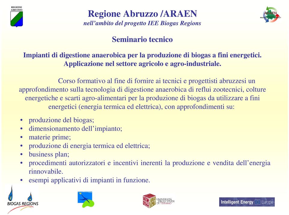 (energia termica ed elettrica), con approfondimenti su: produzione del biogas; dimensionamento dell impianto; materie prime; produzione di energia termica