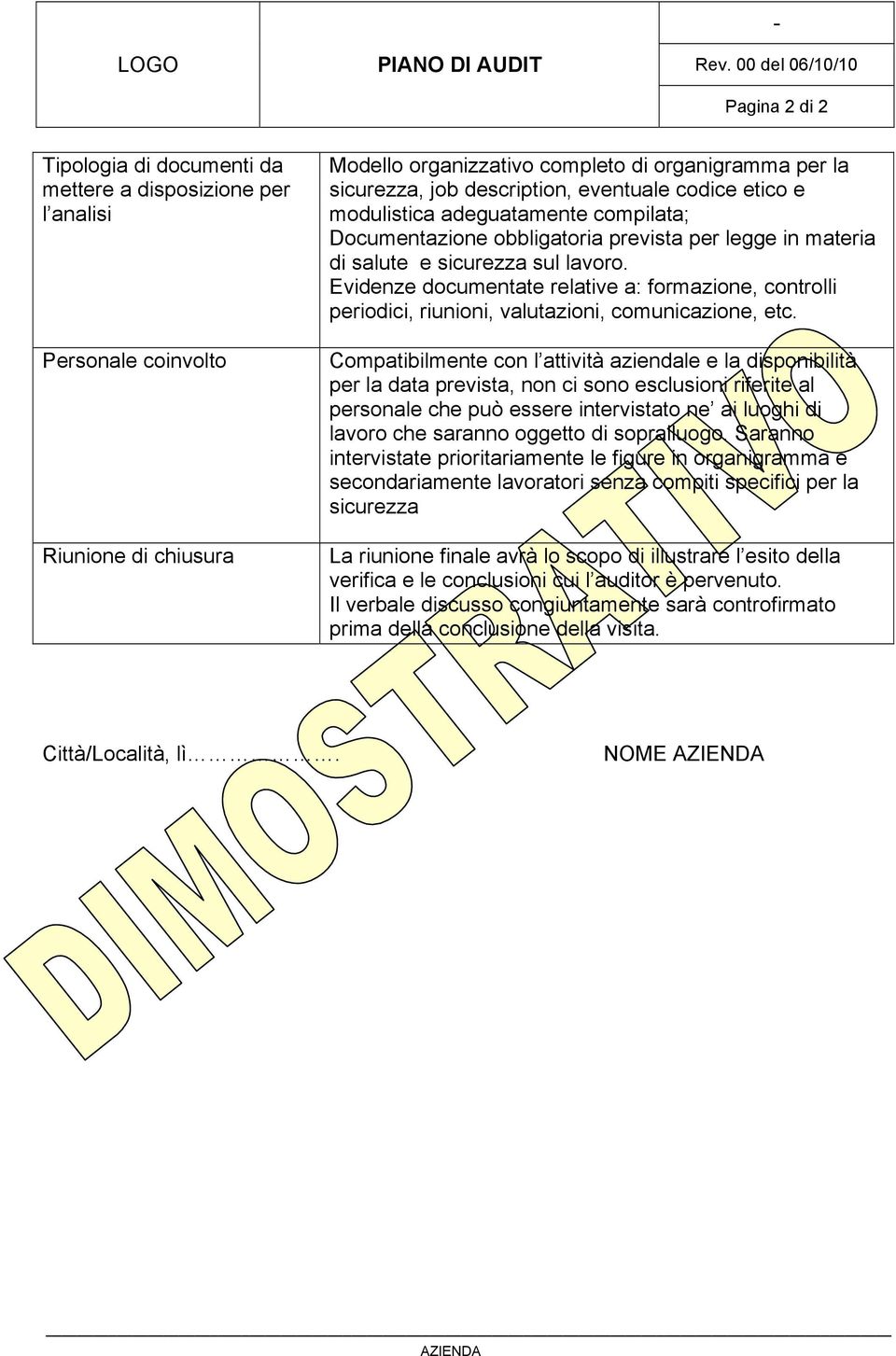 job description, eventuale codice etico e modulistica adeguatamente compilata; Documentazione obbligatoria prevista per legge in materia di salute e sicurezza sul lavoro.