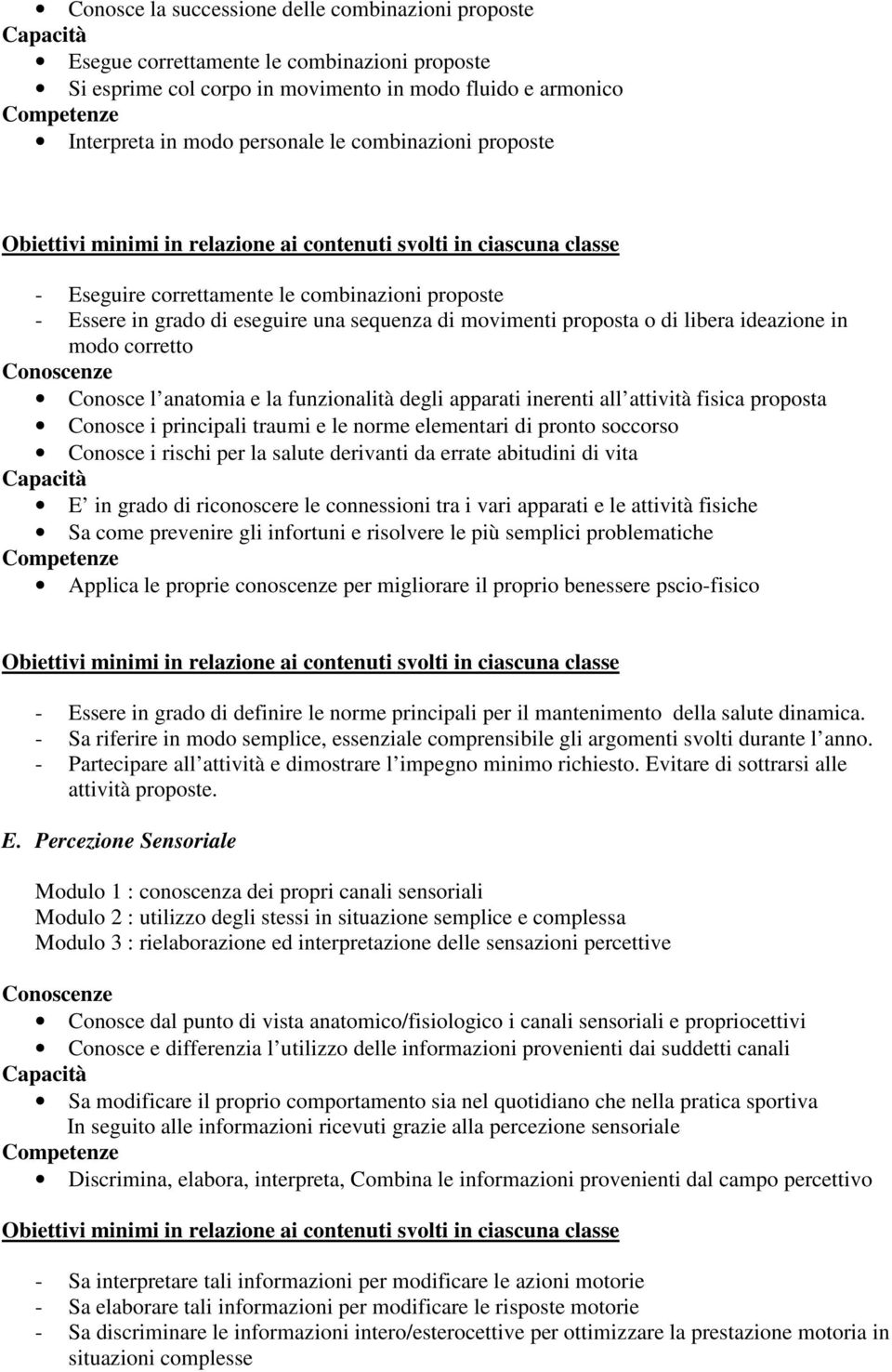 funzionalità degli apparati inerenti all attività fisica proposta Conosce i principali traumi e le norme elementari di pronto soccorso Conosce i rischi per la salute derivanti da errate abitudini di