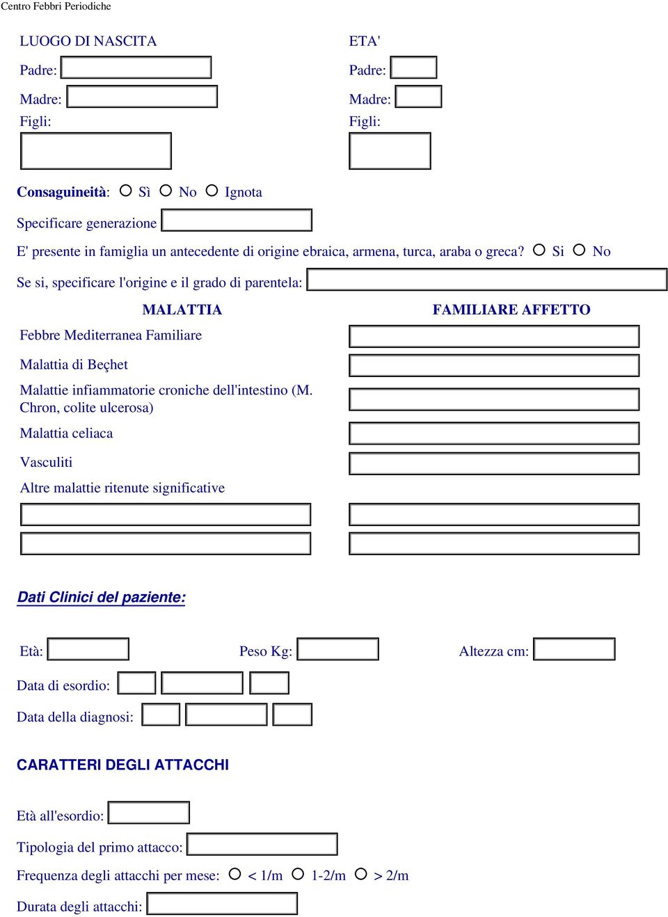 Si No Se si, specificare l'origine e il grado di parentela: MALATTIA Febbre Mediterranea Familiare FAMILIARE AFFETTO Malattia di Beçhet Malattie infiammatorie croniche