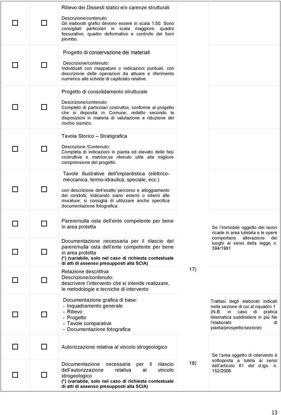 Progetto di conservazione dei materiali Descrizione/contenuto: Individuati con mappature o indicazioni puntuali, con descrizione delle operazioni da attuare e riferimento numerico alle schede di