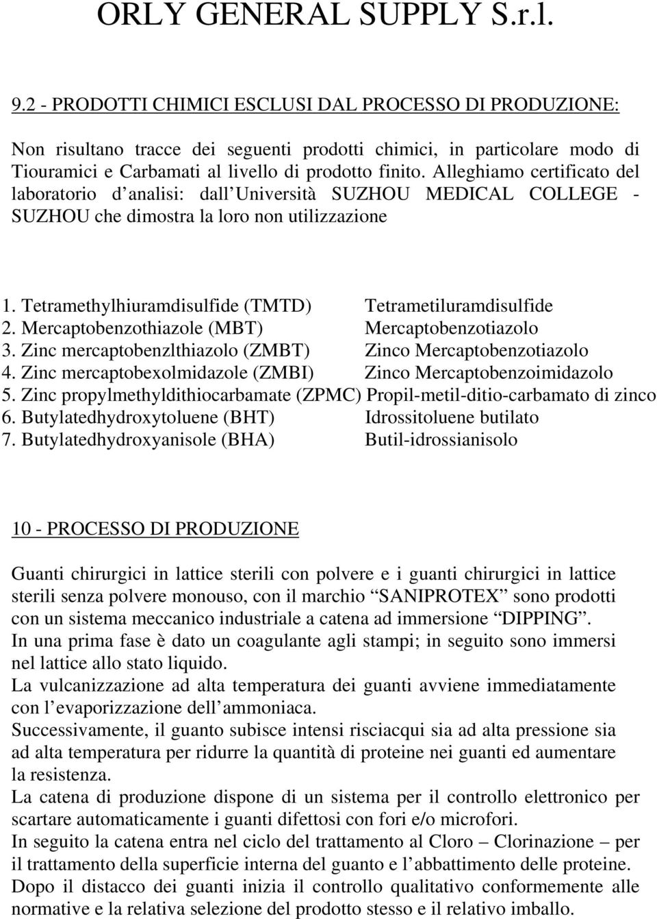 Alleghiamo certificato del laboratorio d analisi: dall Università SUZHOU MEDICAL COLLEGE - SUZHOU che dimostra la loro non utilizzazione 1. Tetramethylhiuramdisulfide (TMTD) Tetrametiluramdisulfide 2.