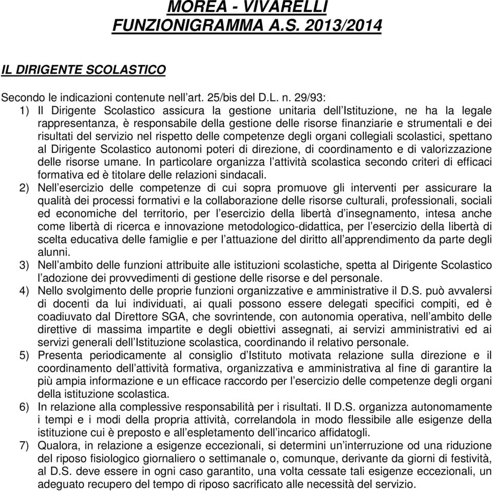 29/93: 1) Il Dirigente Scolastico assicura la gestione unitaria dell Istituzione, ne ha la legale rappresentanza, è responsabile della gestione delle risorse finanziarie e strumentali e dei risultati