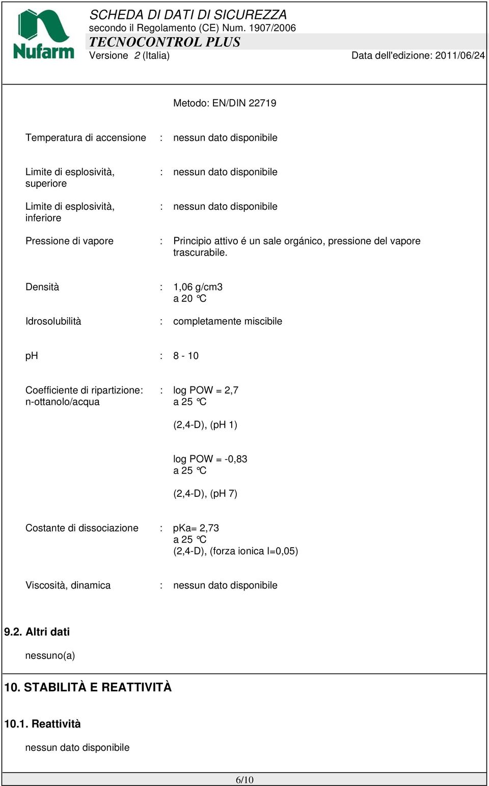 Densità : 1,06 g/cm3 a 20 C Idrosolubilità : completamente miscibile ph : 8-10 Coefficiente di ripartizione: n-ottanolo/acqua : log POW = 2,7 a 25 C (2,4-D), (ph 1) log POW =