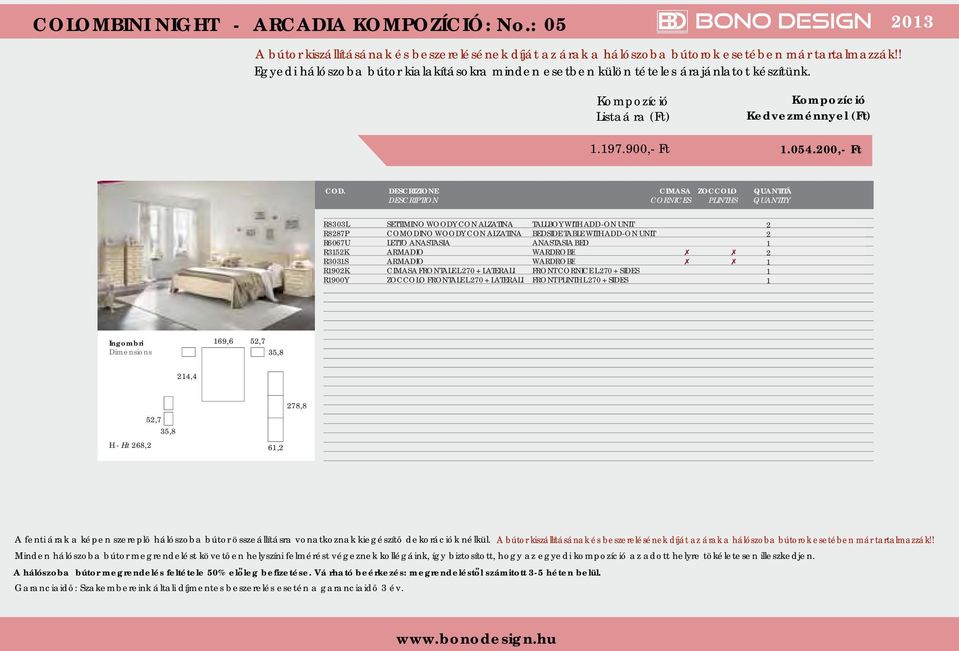 200,- Ft R8303L SETTIMINO WOODY CON ALZATINA TALLBOY WITH ADD-ON UNIT 2 R8287P COMODINO WOODY CON ALZATINA BEDSIDE TABLE WITH ADD-ON UNIT 2 R6067U LETTO ANASTASIA ANASTASIA BED R352K ARMADIO WARDROBE