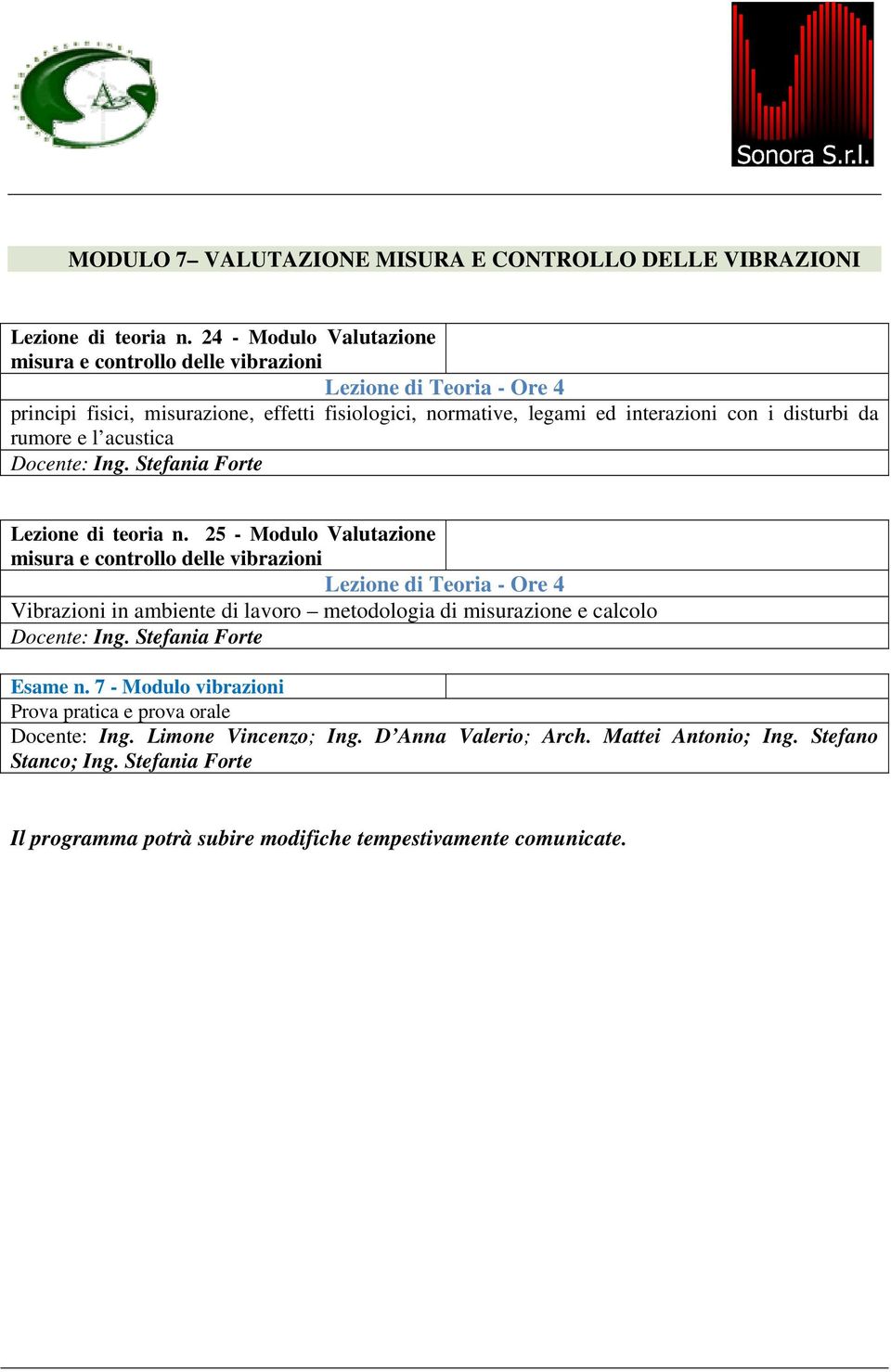 interazioni con i disturbi da rumore e l acustica Docente: Ing. Stefania Forte Lezione di teoria n.