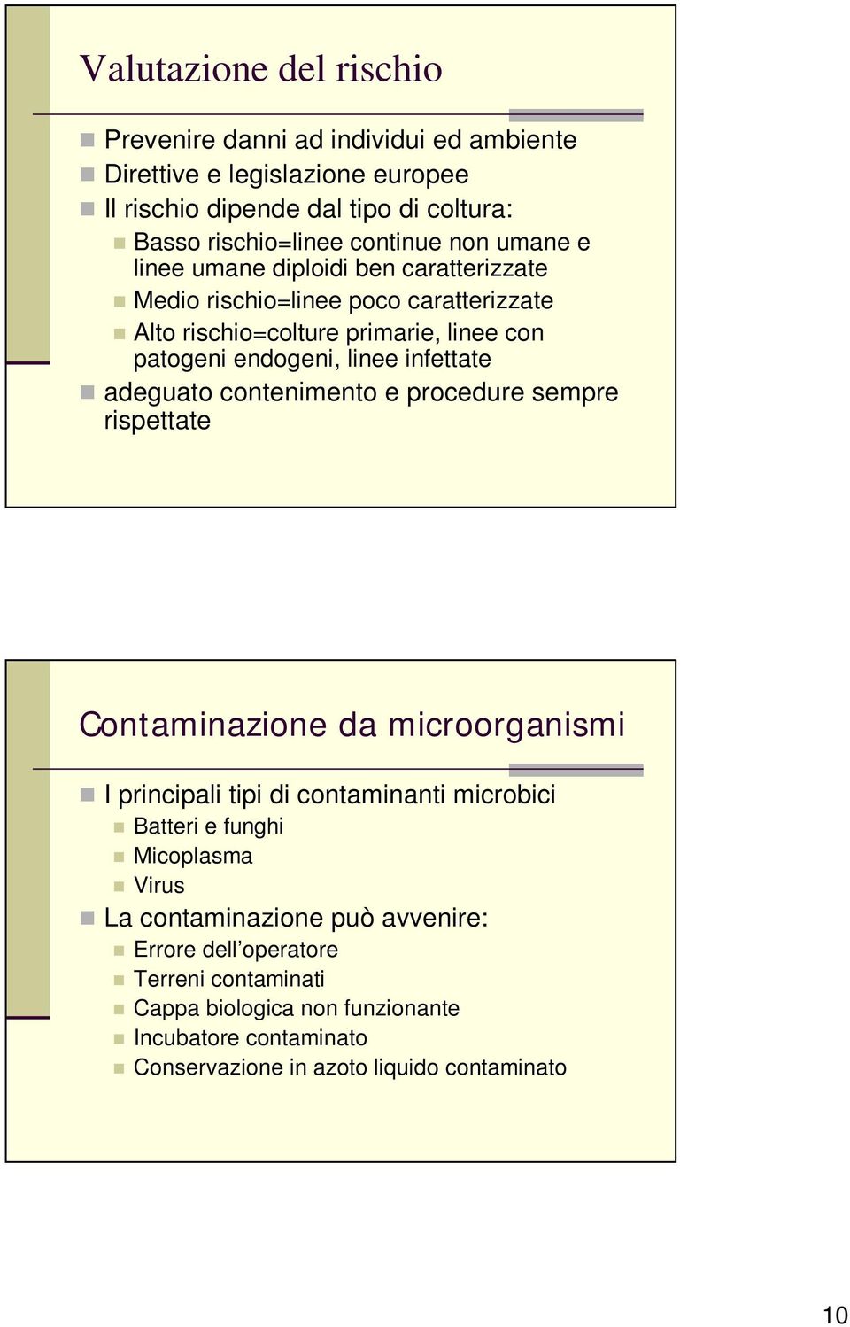 adeguato contenimento e procedure sempre rispettate Contaminazione da microorganismi I principali tipi di contaminanti microbici Batteri e funghi Micoplasma Virus La