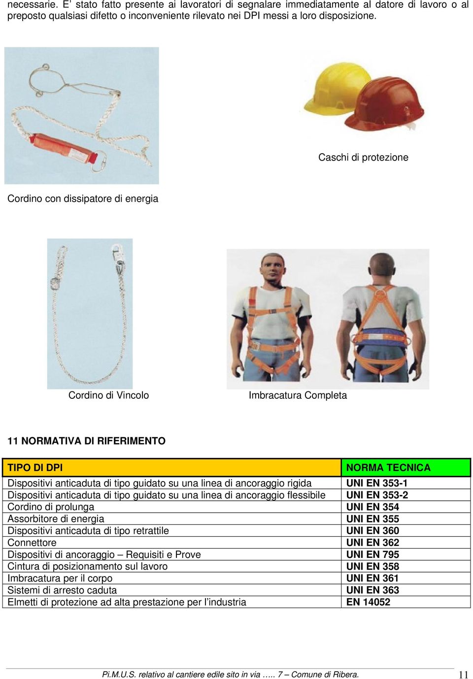 linea di ancoraggio rigida UNI EN 353-1 Dispositivi anticaduta di tipo guidato su una linea di ancoraggio flessibile UNI EN 353-2 Cordino di prolunga UNI EN 354 Assorbitore di energia UNI EN 355