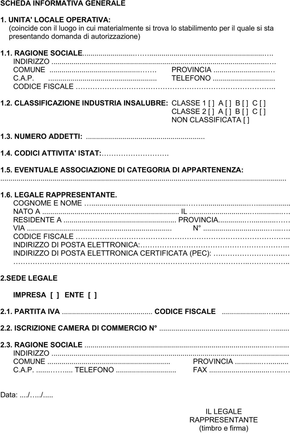 CLASSIFICAZIONE INDUSTRIA INSALUBRE: CLASSE 1 [ ] A [ ] B [ ] C [ ] CLASSE 2 [ ] A [ ] B [ ] C [ ] NON CLASSIFICATA [ ] 1.3. NUMERO ADDETTI:... 1.4. CODICI ATTIVITA' ISTAT:. 1.5.