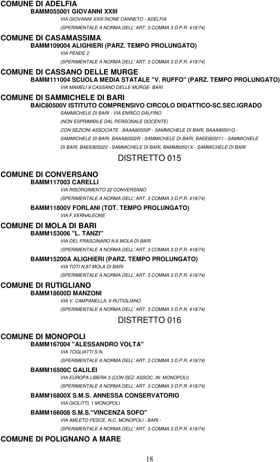 TEMPO PROLUNGATO) VIA MAMELI 9 CASSANO DELLE MURGE- BARI COMUNE DI SAMMICHELE DI BARI BAIC80500V ISTITUTO COMPRENSIVO CIRCOLO DIDATTICO-SC.SEC.