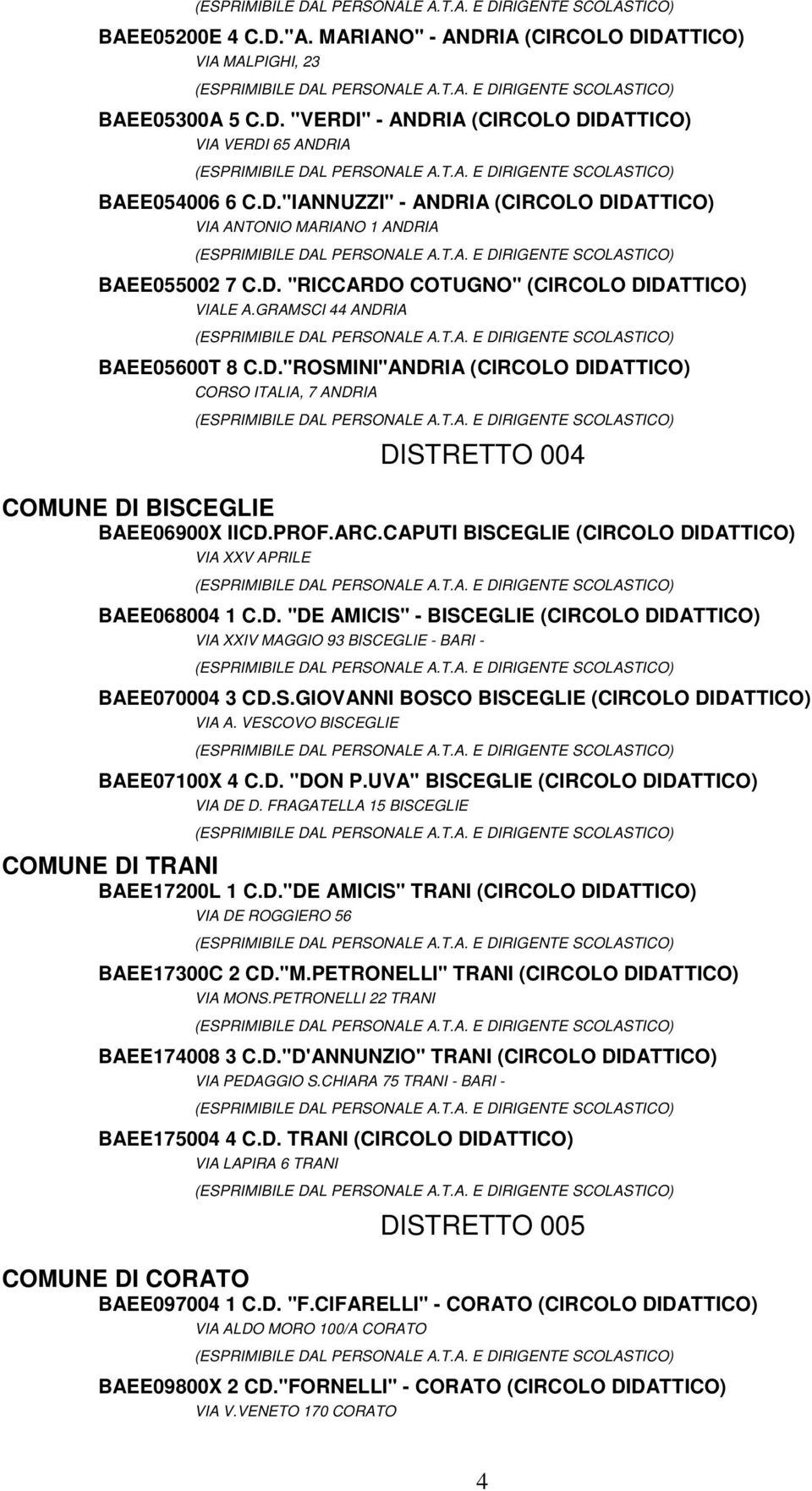 ARC.CAPUTI BISCEGLIE (CIRCOLO DIDATTICO) VIA XXV APRILE BAEE068004 1 C.D. "DE AMICIS" - BISCEGLIE (CIRCOLO DIDATTICO) VIA XXIV MAGGIO 93 BISCEGLIE - BARI - BAEE070004 3 CD.S.GIOVANNI BOSCO BISCEGLIE (CIRCOLO DIDATTICO) VIA A.