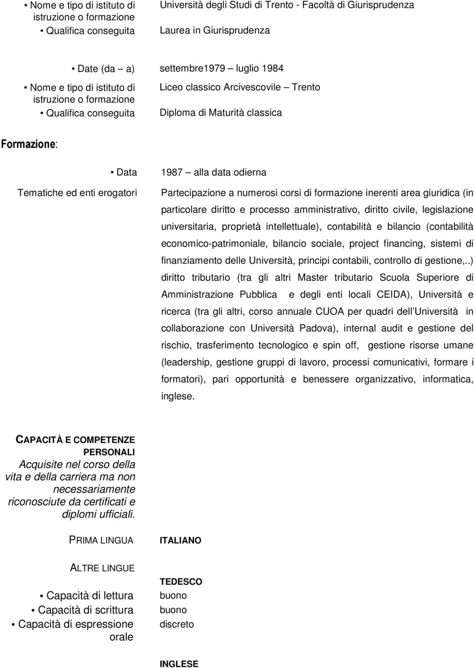 Partecipazione a numerosi corsi di formazione inerenti area giuridica (in particolare diritto e processo amministrativo, diritto civile, legislazione universitaria, proprietà intellettuale),