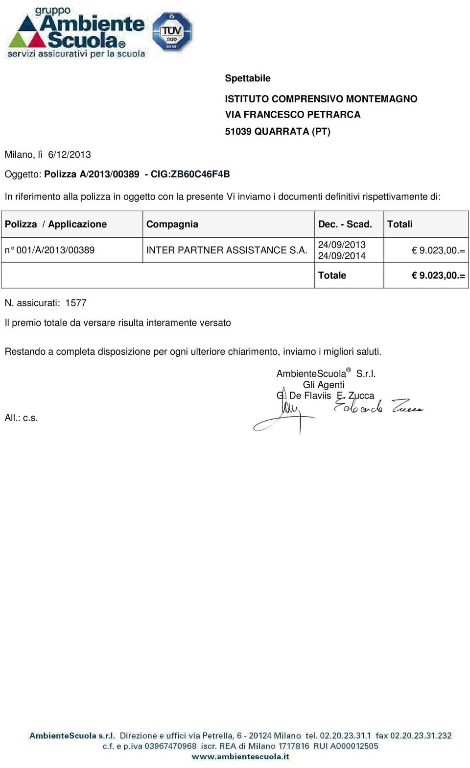 Totali n 001/A /2013/00389 INTER PARTNER ASSISTANCE S.A. 24/09/2013 24/09/2014 9.023,00.= Totale 9.023,00.= N.