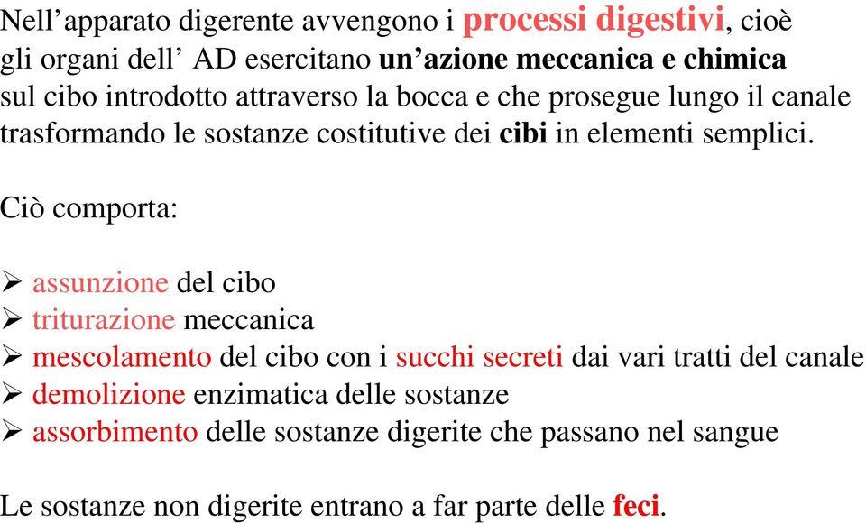 Ciò comporta: assunzione del cibo triturazione meccanica mescolamento del cibo con i succhi secreti dai vari tratti del canale