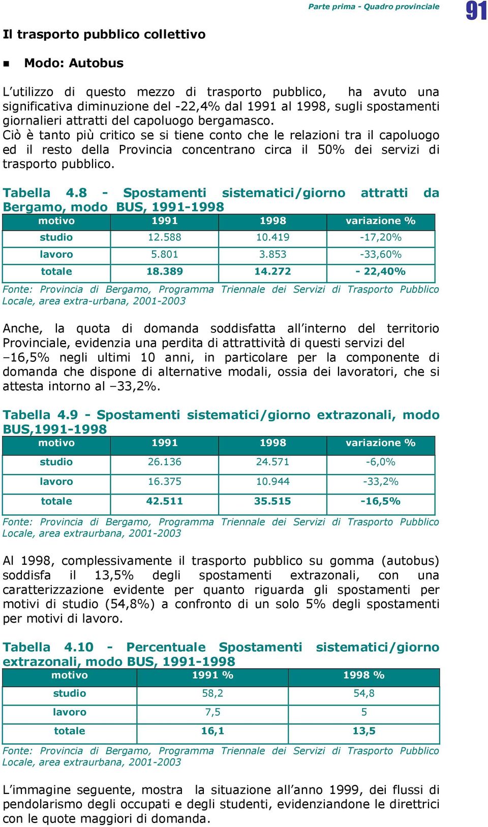 Ciò è tanto più critico se si tiene conto che le relazioni tra il capoluogo ed il resto della Provincia concentrano circa il 50% dei servizi di trasporto pubblico. Tabella 4.