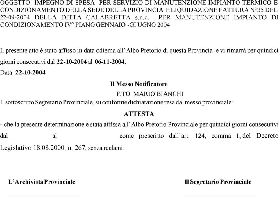 TO MARIO BIANCHI Il sottoscritto Segretario Provinciale, su conforme dichiarazione resa dal messo provinciale: ATTESTA - che la presente determinazione è stata