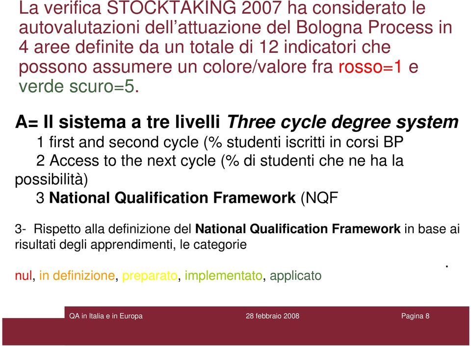 A= Il sistema a tre livelli Three cycle degree system 1 first and second cycle (% studenti iscritti in corsi BP 2 Access to the next cycle (% di studenti