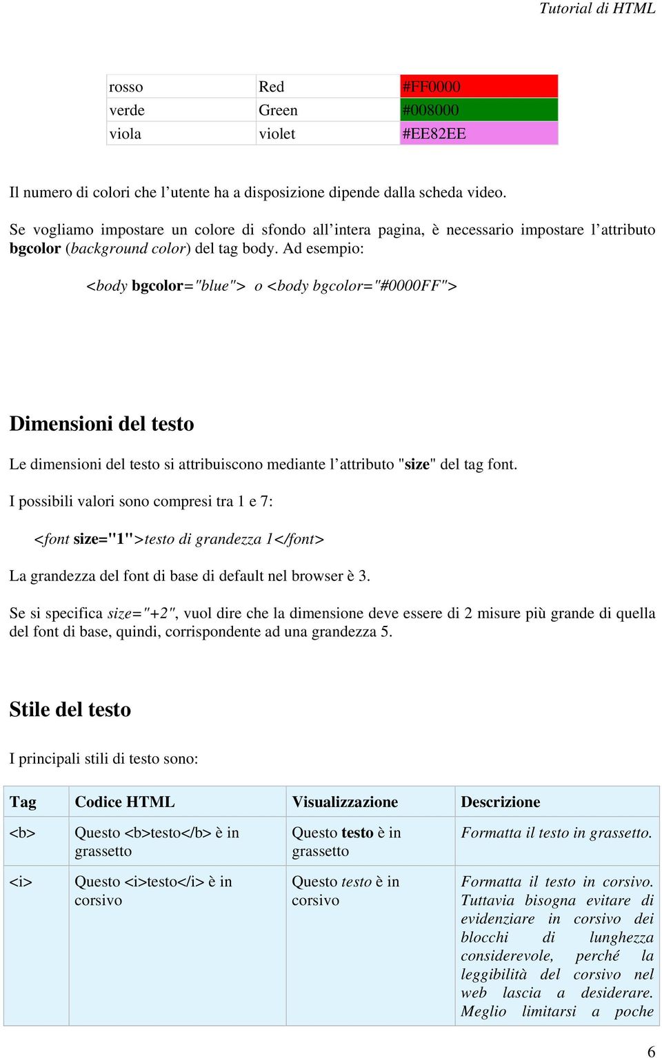 Ad esempio: <body bgcolor="blue"> o <body bgcolor="#0000ff"> Dimensioni del testo Le dimensioni del testo si attribuiscono mediante l attributo "size" del tag font.