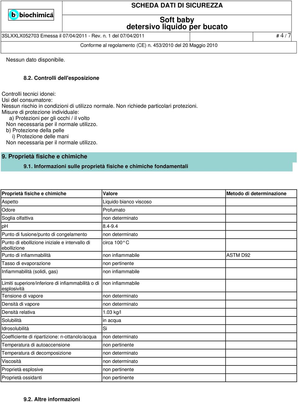 b) Protezione della pelle i) Protezione delle mani Non necessaria per il normale utilizzo. 9. Proprietà fisiche e chimiche 9.1.