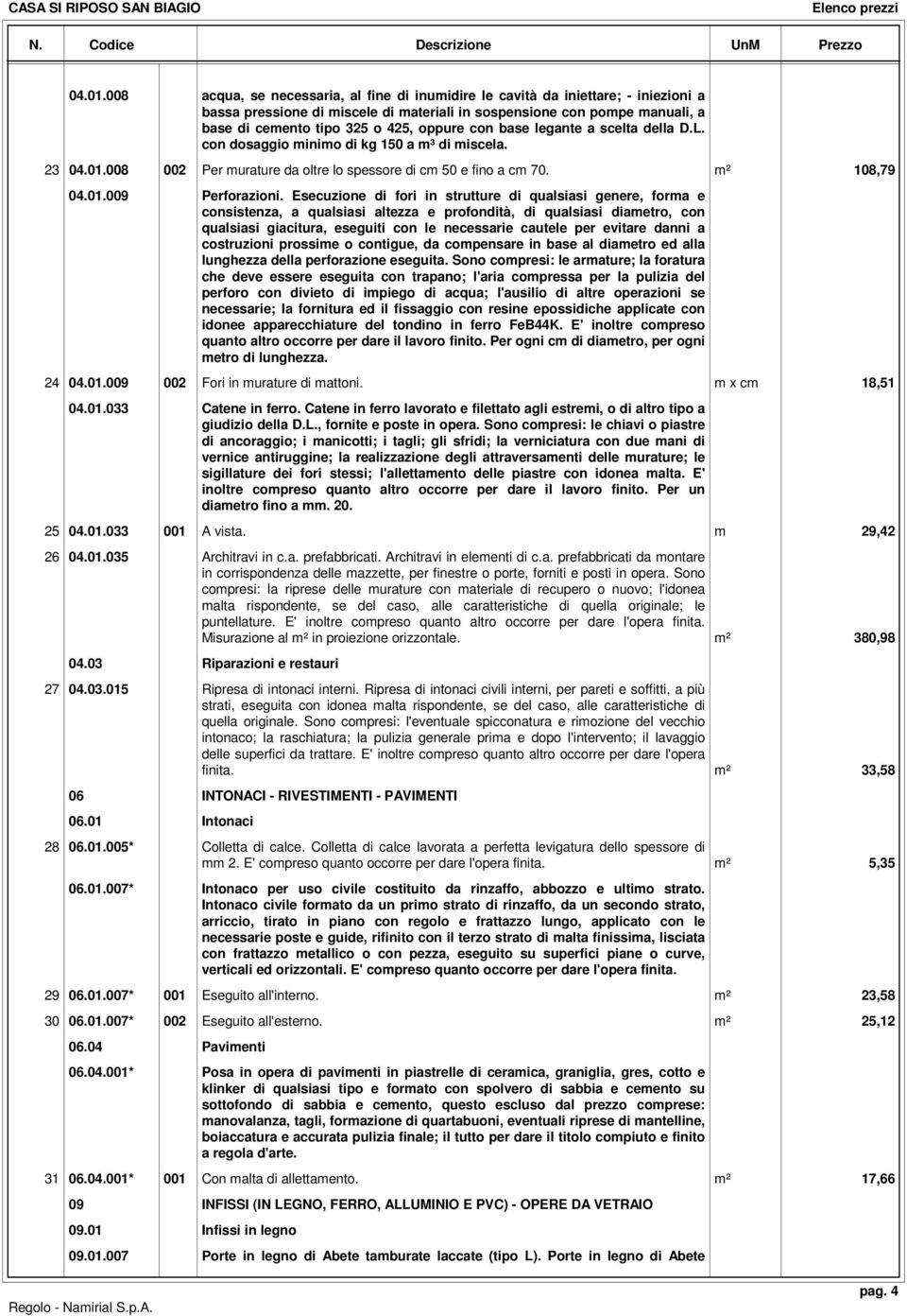 con base legante a scelta della D.L. con dosaggio minimo di kg 150 a m³ di miscela. 23 008 002 Per murature da oltre lo spessore di cm 50 e fino a cm 70. m² 108,79 009 Perforazioni.