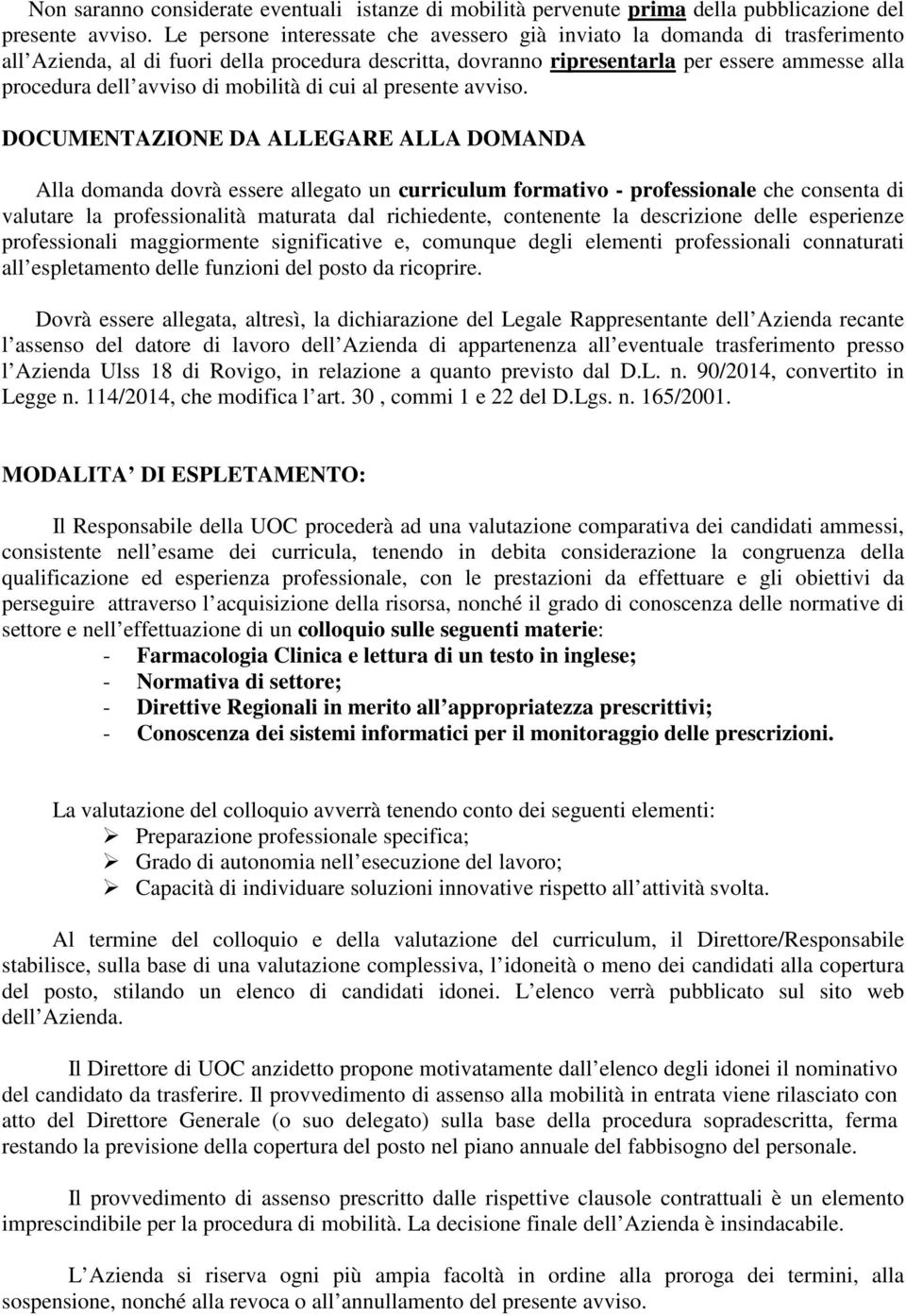 mobilità di cui al presente avviso.