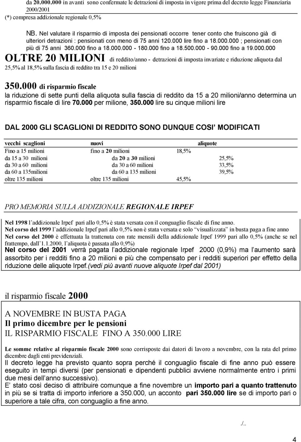 000 fino a 18.000.000-180.000 fino a 18.500.000-90.000 fino a 19.000.000 OLTRE 20 MILIONI di reddito/anno - detrazioni di imposta invariate e riduzione aliquota dal 25,5% al 18,5% sulla fascia di reddito tra 15 e 20 milioni 350.