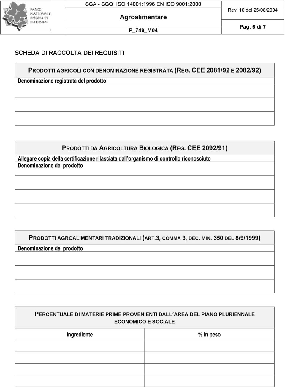 CEE 2092/91) Allegare copia della certificazione rilasciata dall organismo di controllo riconosciuto Denominazione del prodotto PRODOTTI